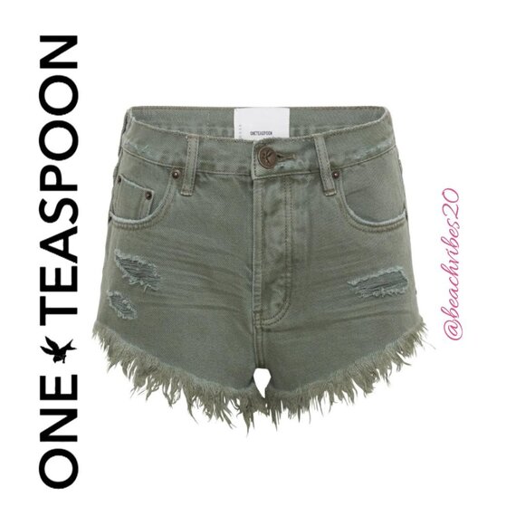 ONE TEASPOON Outlaws Low Waist Mid Length Denim Shorts Military Khaki 30 NWT - Picture 6 of 7